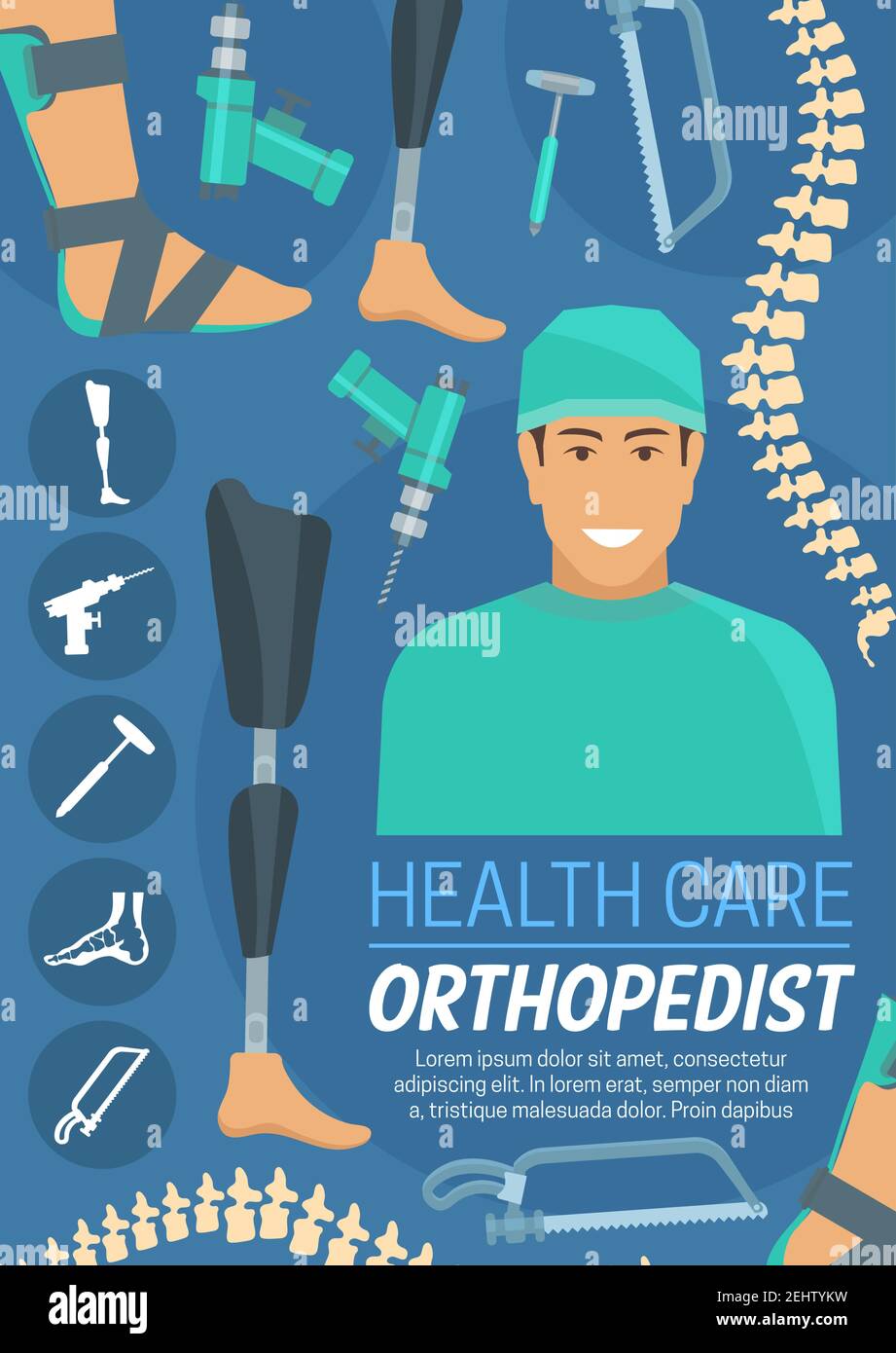 Orthopedist doctor, medicine and health care. Vector skeleton and prosthesis, bandage and drill, saw and hammer. Treatment and therapy for broken bone Stock Vector