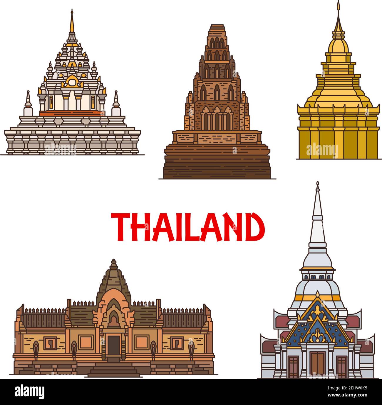 Travel landmarks of ancient Thailand architecture, vector icons. Thai golden Pagoda, Khao Takiab, Cham Dhevi, Prasat Hin Phanom Rung and Phra Borommat Stock Vector