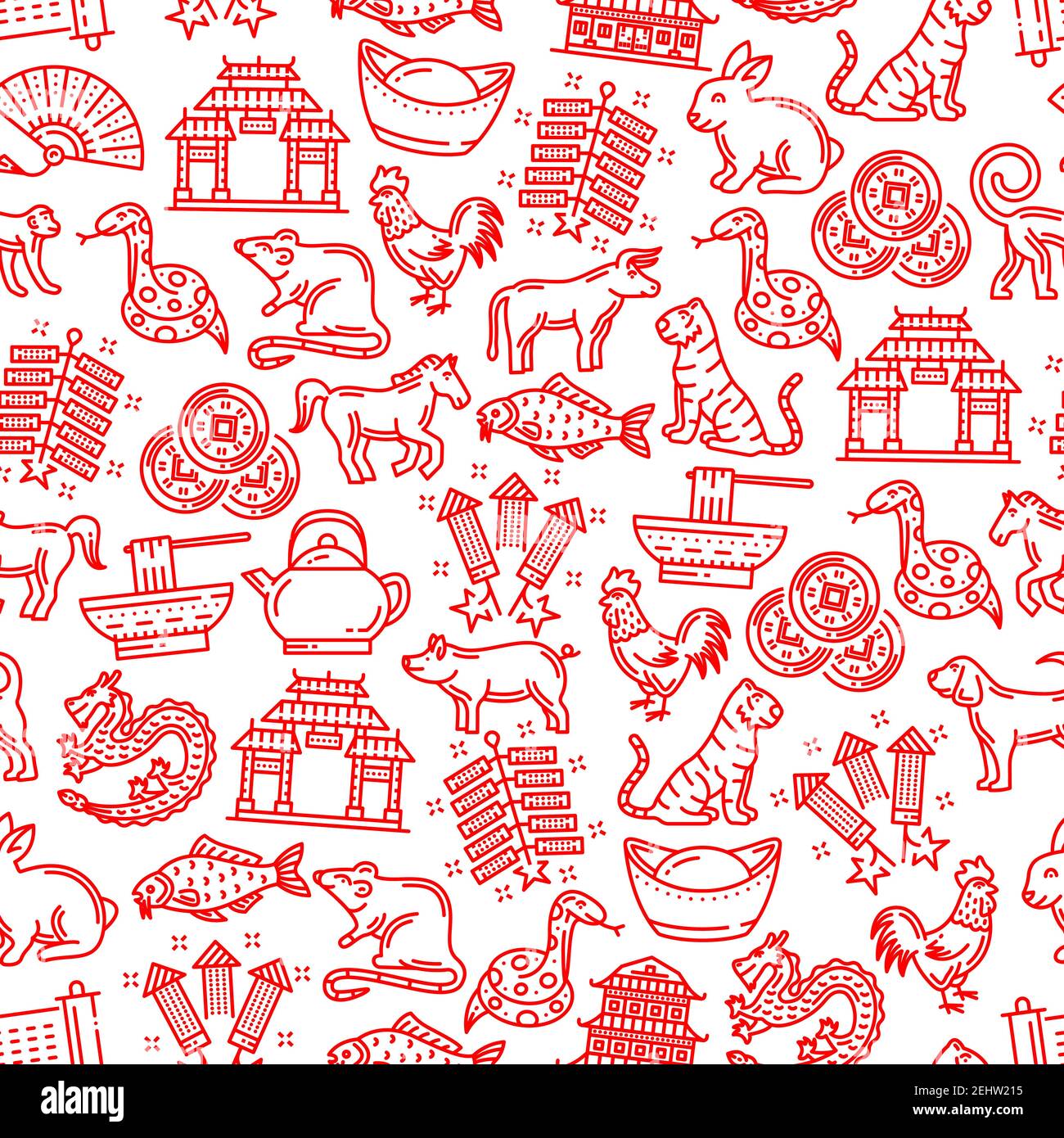 Chinese horoscope animals and culture icons seamless pattern. Vector ...