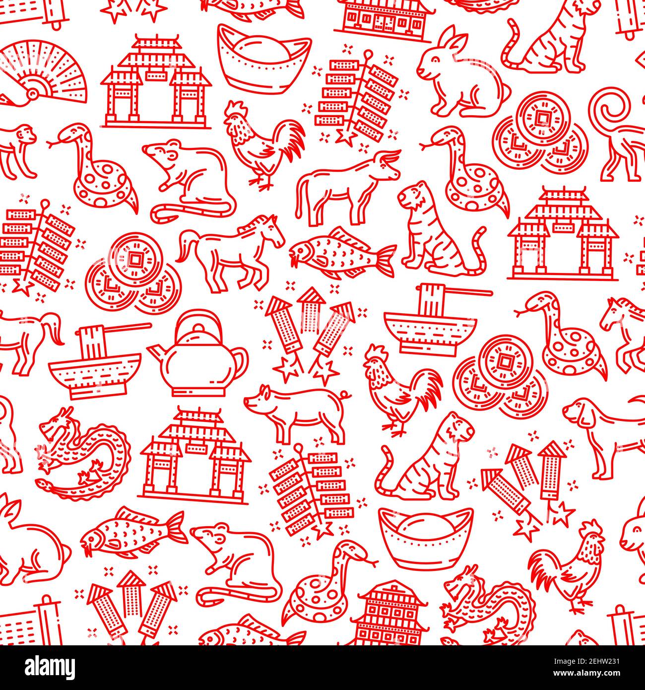 Chinese horoscope animals and culture icons seamless pattern. Vector oriental astrology symbols and noodles, rice and teapot, coins for luck and firew Stock Vector
