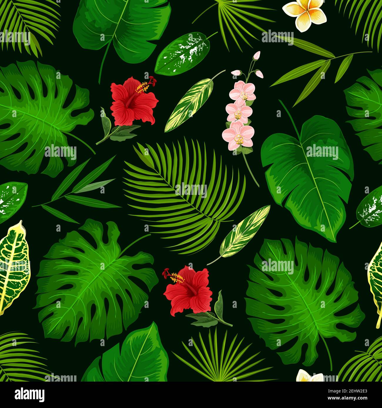Tropical palm leaf and exotic flowers pattern background. Vector seamless design of hibiscus, banana palm or monstera leaf and fern plant, cyperus or Stock Vector