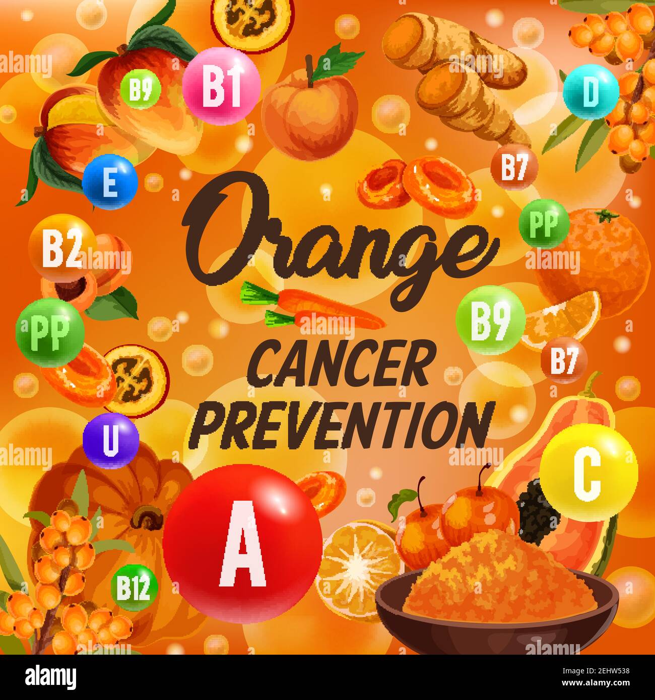 Orange color detox diet vitamins A, B or C poster with healthy food