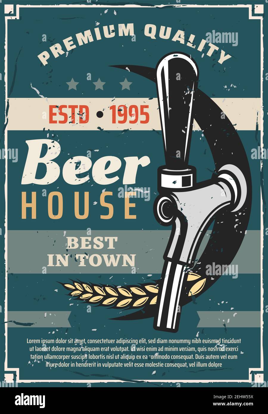 Beer house or craft brewery traditional production line retro poster. Vector vintage advertisement design of bar or pub tap with wheat for premium qua Stock Vector