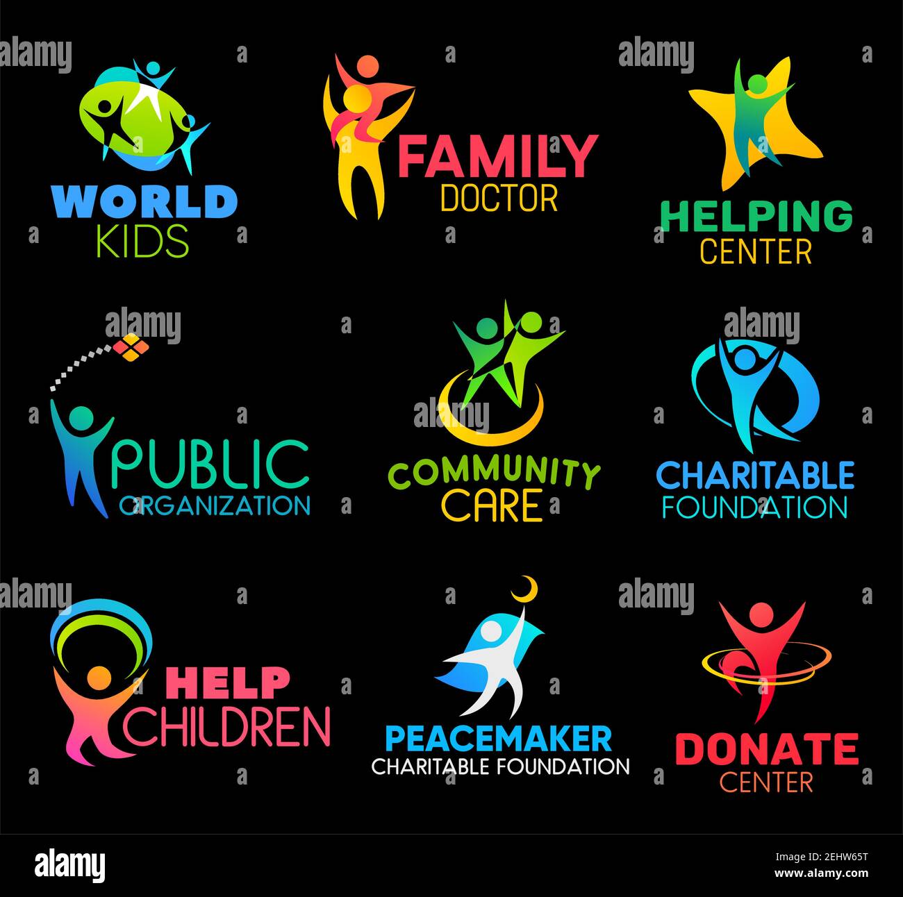 Charity and social support organization icons. Family health doctor and
