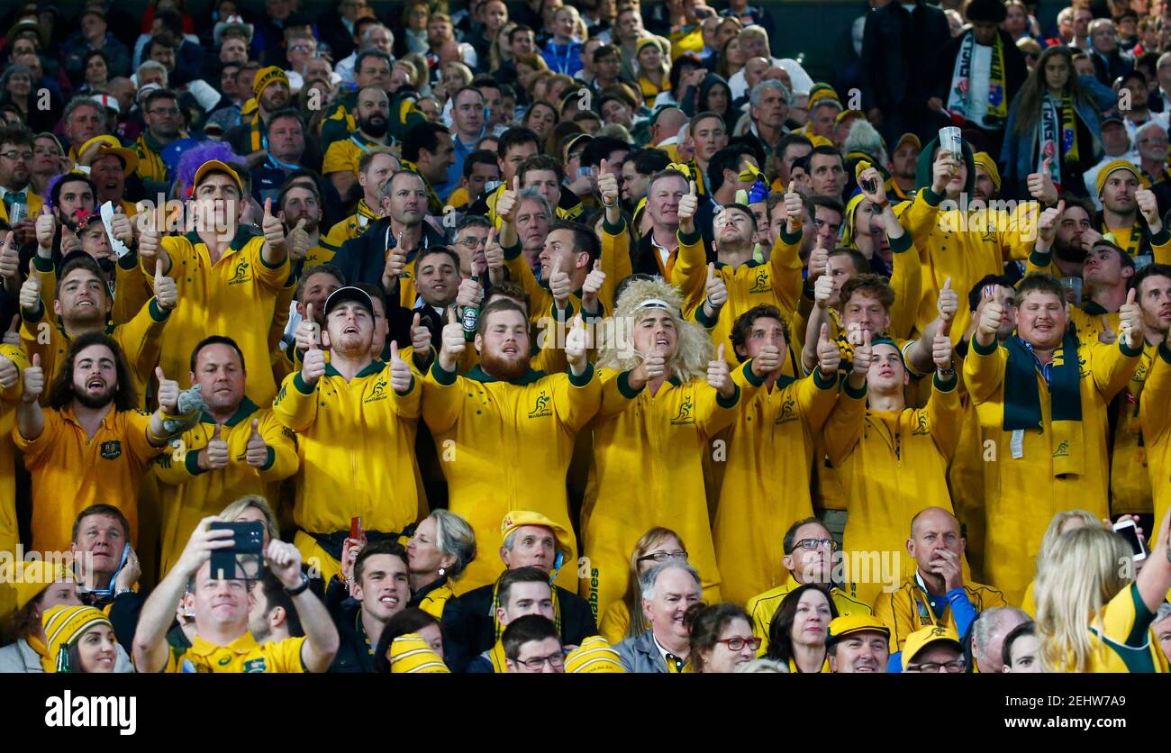 Rugby Union - England v Australia - IRB Rugby World Cup 2015 Pool A - Twickenham Stadium, London, England - 3/10/15  Australia fans celebrate  Reuters / Andrew Winning  Livepic Stock Photo