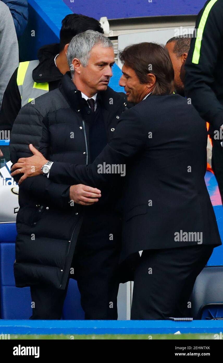 Britain Soccer Football - Chelsea v Manchester United - Premier League - Stamford Bridge - 23/10/16 Chelsea manager Antonio Conte and Manchester United manager Jose Mourinho before the match  Reuters / Eddie Keogh Livepic EDITORIAL USE ONLY. No use with unauthorized audio, video, data, fixture lists, club/league logos or 'live' services. Online in-match use limited to 45 images, no video emulation. No use in betting, games or single club/league/player publications.  Please contact your account representative for further details. Stock Photo