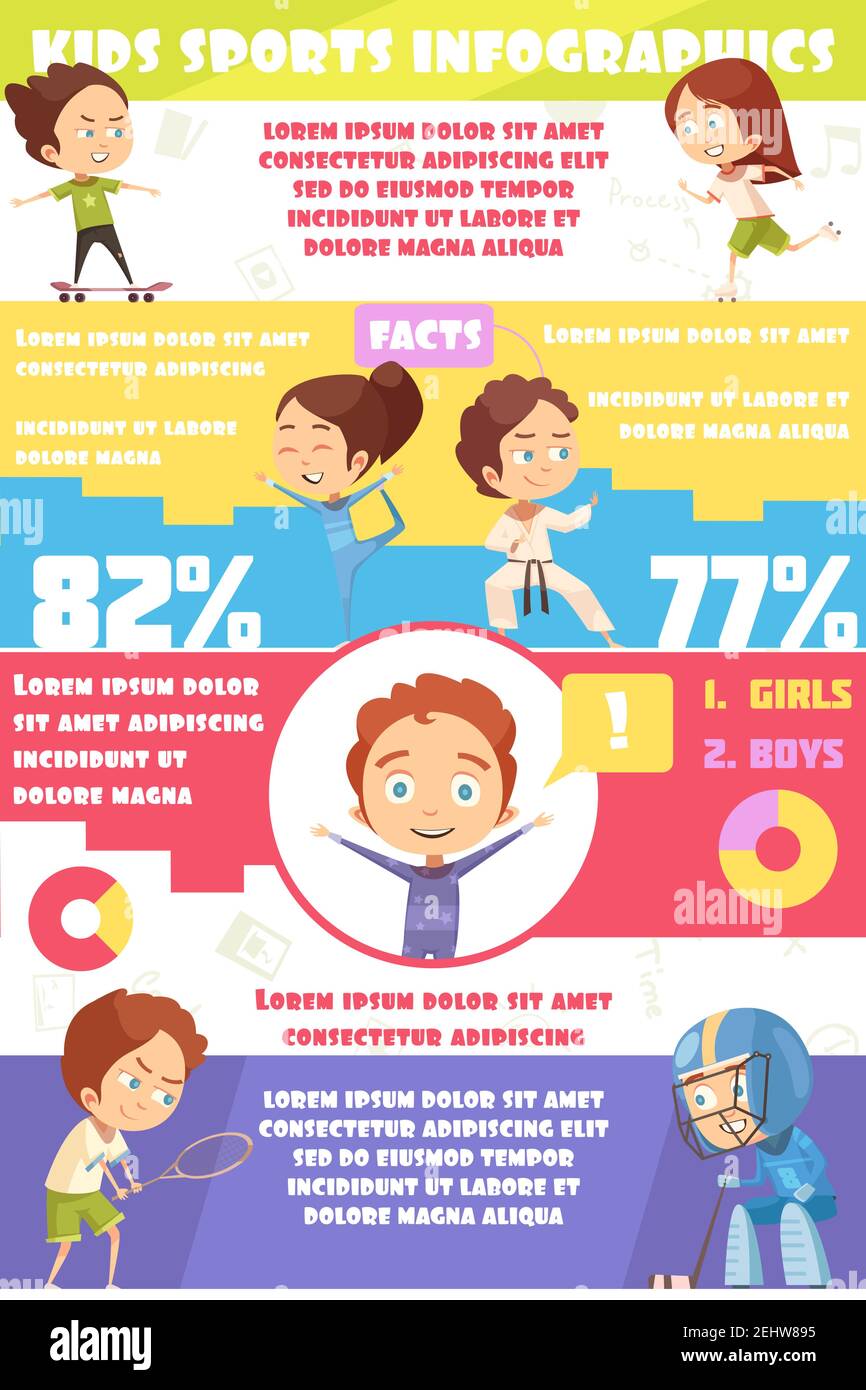 Kids sport infographics template with employment statistics for girls and boys in various sports flat vector illustration Stock Vector