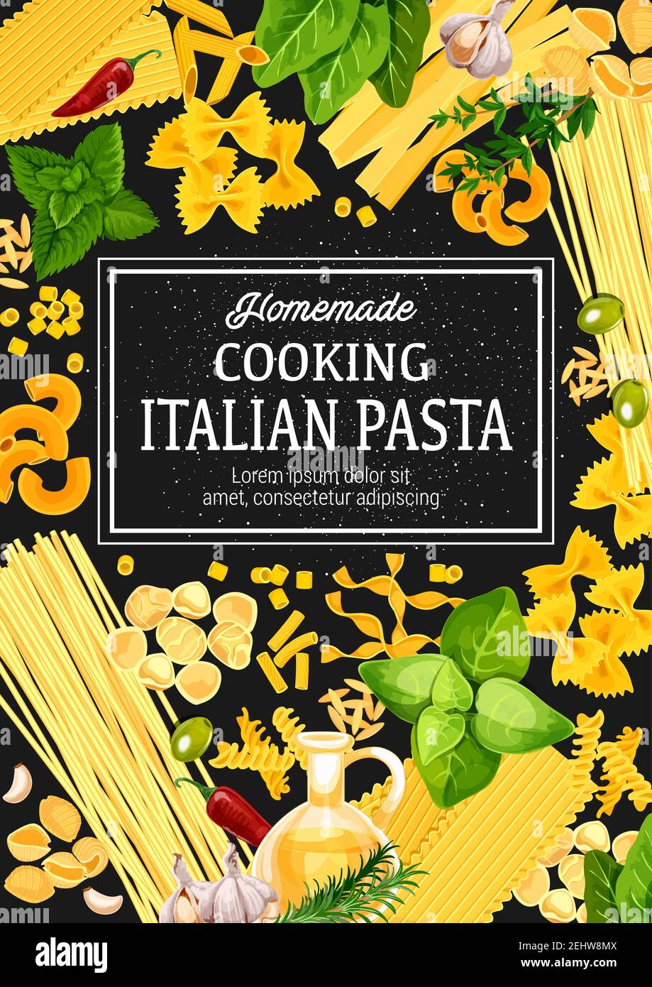 Italian pasta with herbs, vector. Cuisine from Italy, traditional food ...