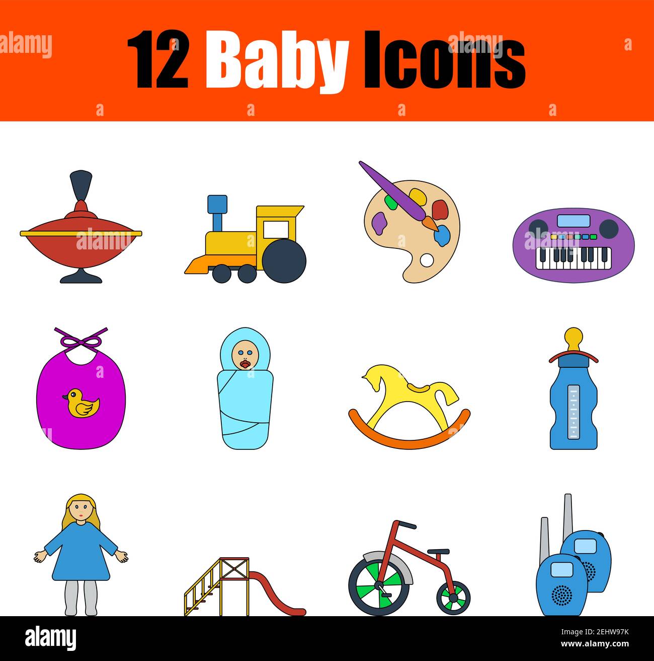Baby Icon Set. Flat Color Outline Design With Editable Stroke. Vector Illustration. Stock Vector