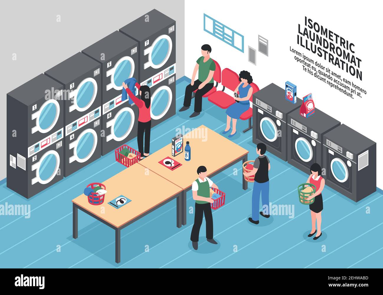 Laundry isometric concept with washing machines clothes and powder