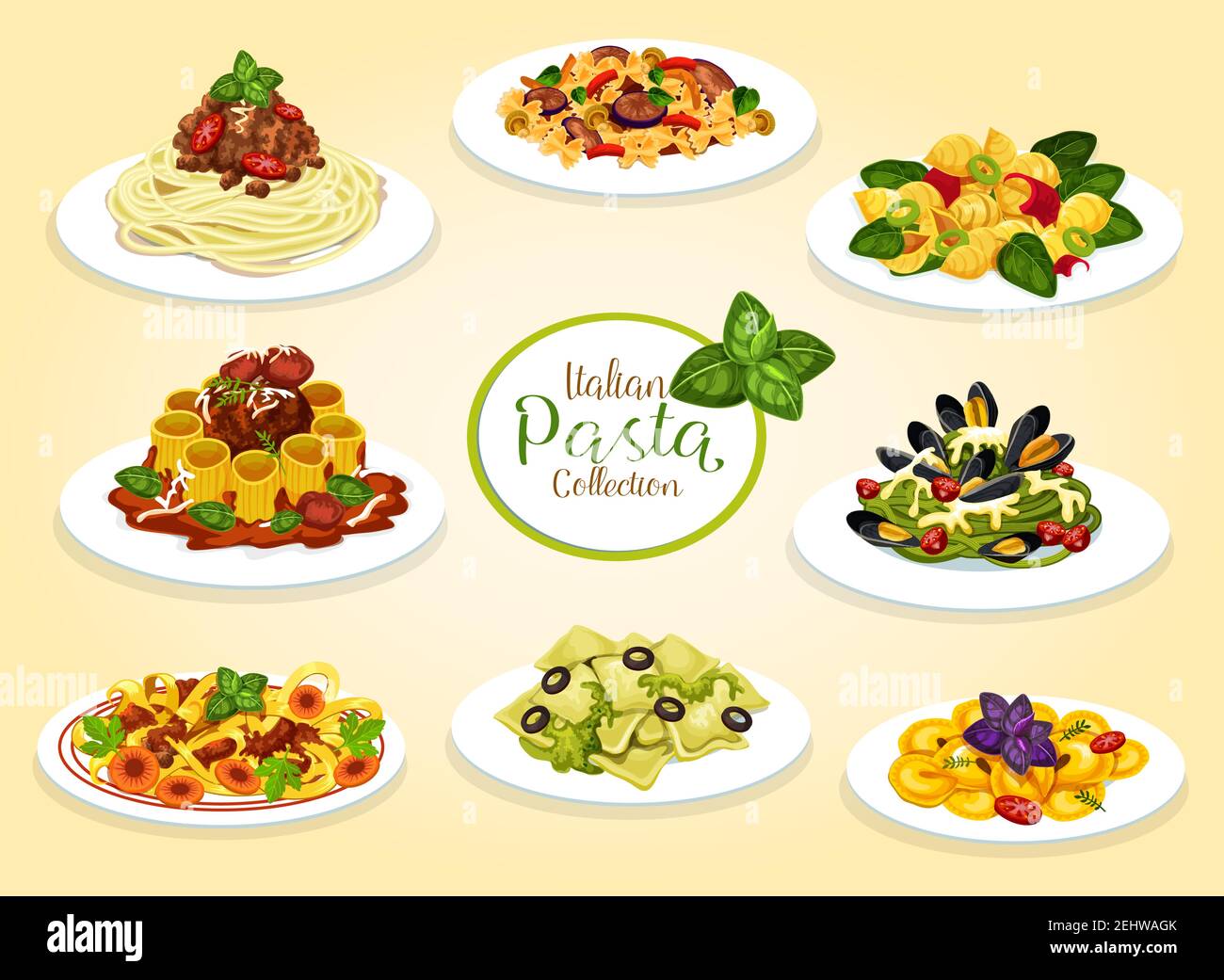 Italian pasta dishes with meat, seafood, cheese and vegetables. Vector spaghetti, macaroni and penne with tomato bolognese sauce, meatballs and pesto, Stock Vector