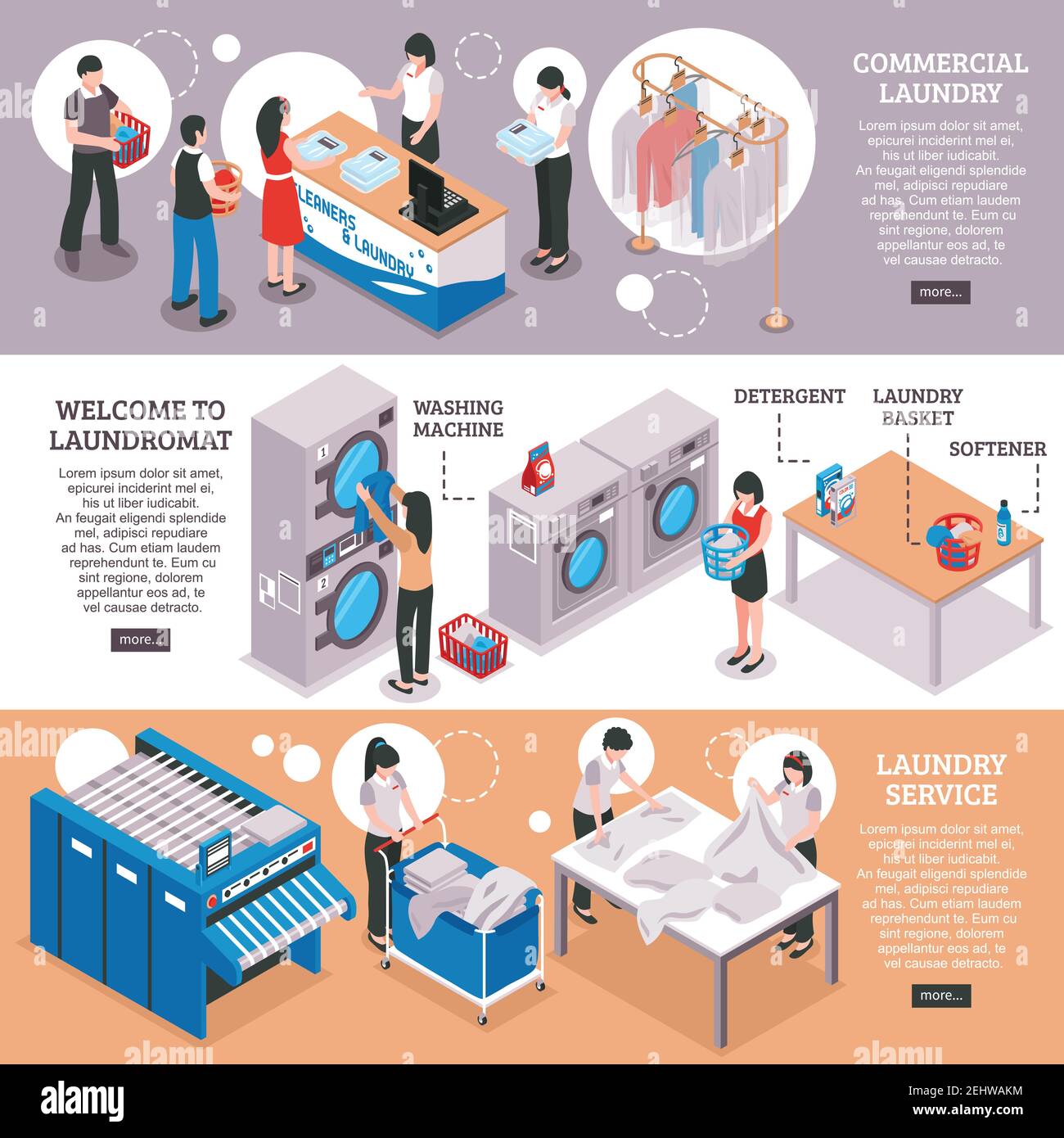 Laundry horizontal banners set with laundry service symbols isometric isolated vector illustration Stock Vector