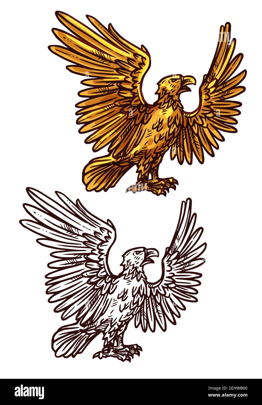 Eagle victory and power mascot. Vector heraldic golden element. Mythical bird or griffin with spread golden wings and sharp claws as symbol of strengt Stock Vector