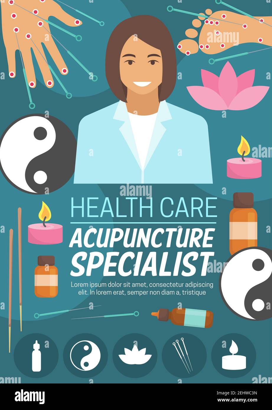Acupuncture doctor, alternative medicine. Vector needles, foot and palm