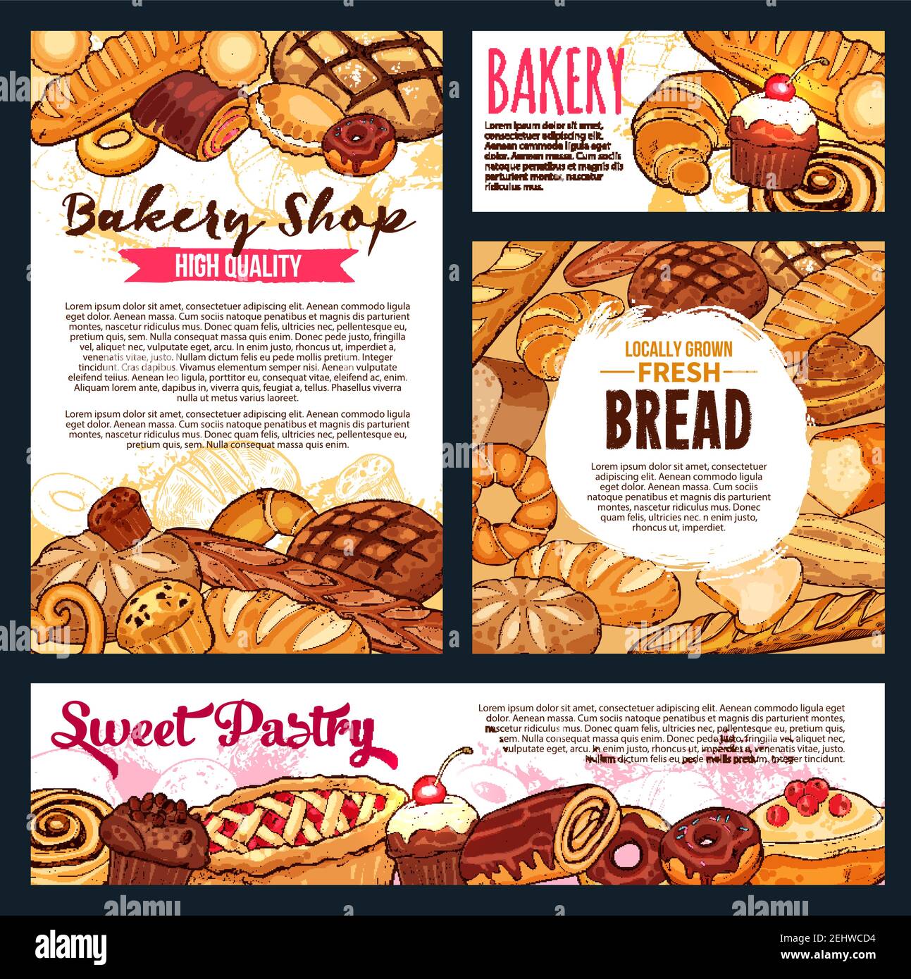 Bakery shop banners, bread and baked pastry food. Vector wheat loaf and ...