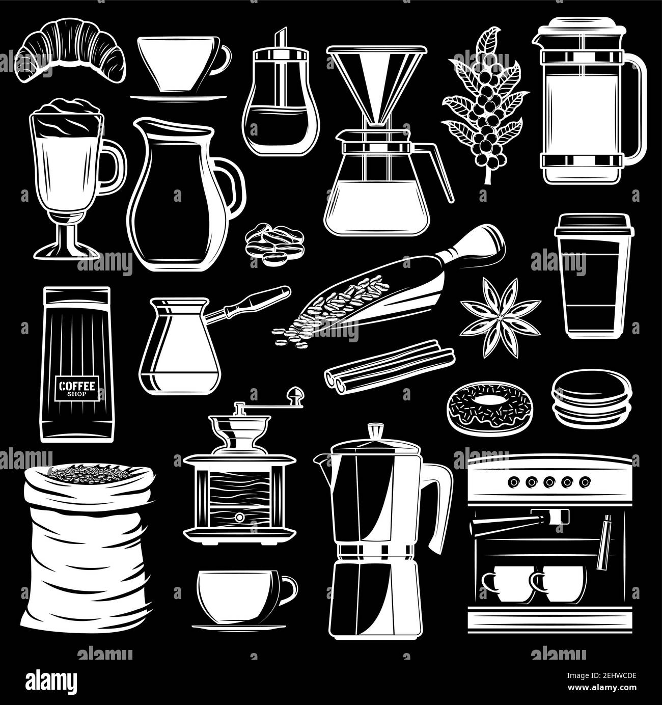 Vector coffee grinder and Turkish cezve maker, cinnamon and anise flavoring, milk pitcher and coffee beans with donut and cookie desserts for coffeesh Stock Vector