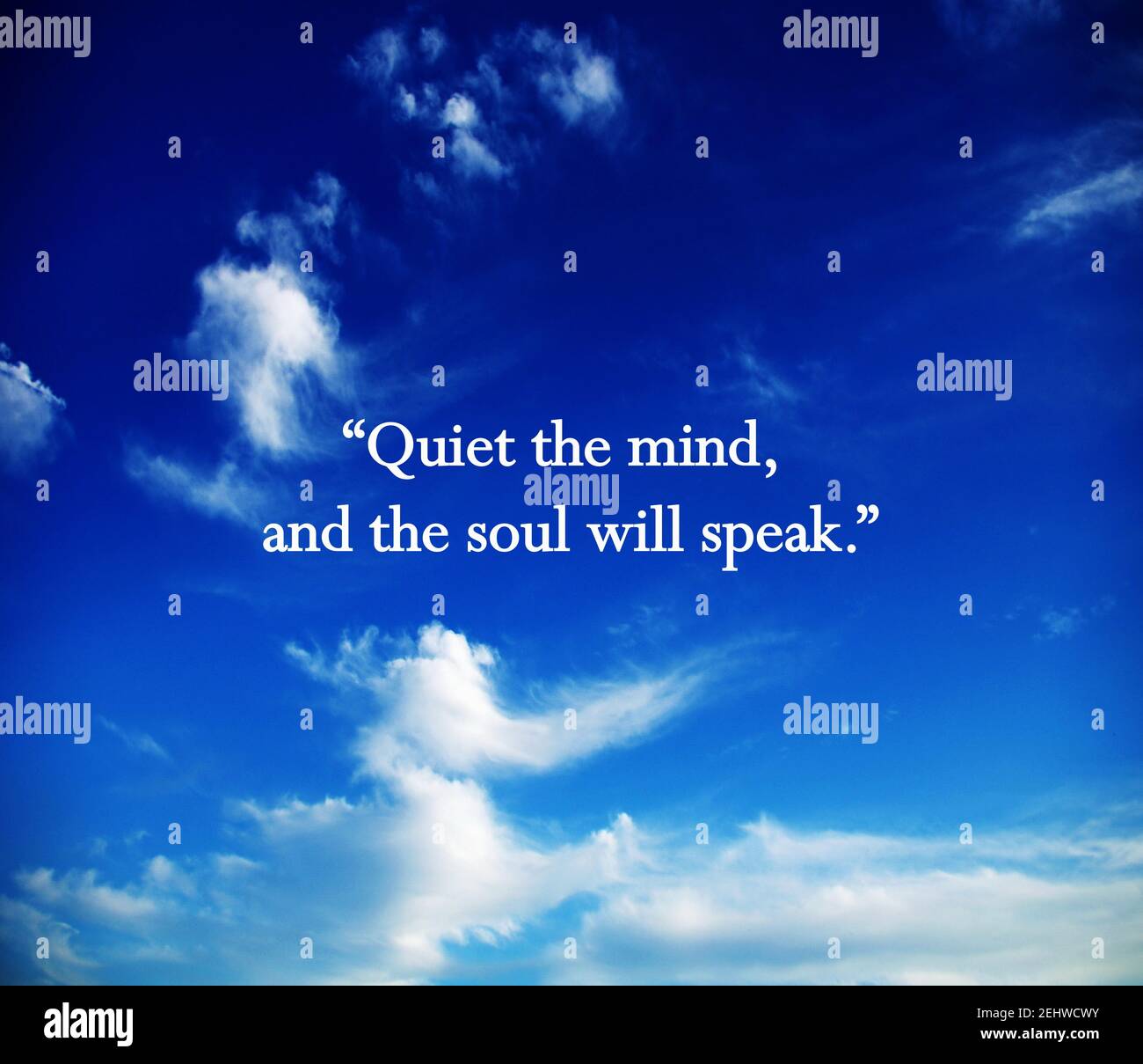 Quiet the mind and the soul will speak.Meditation quote with blue sky. Relaxing,yoga quotes.Peaceful Mind and Peaceful Lifestyle. Stock Photo