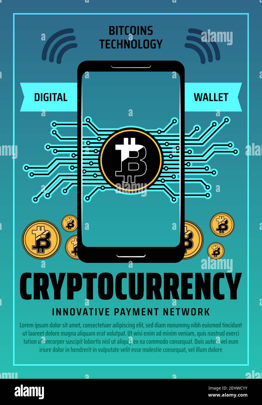Cryptocurrency and bitcoin mining technology. Vector digital wallet and ...