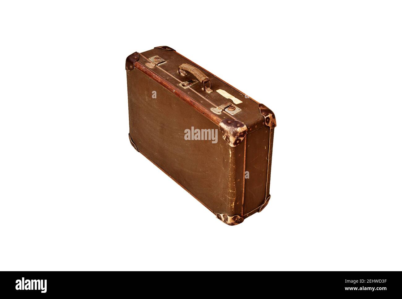 Old leather brown vintage travel suitcase isolated on white background.  Symbol and concept of travel. Adventure time. Stock Photo