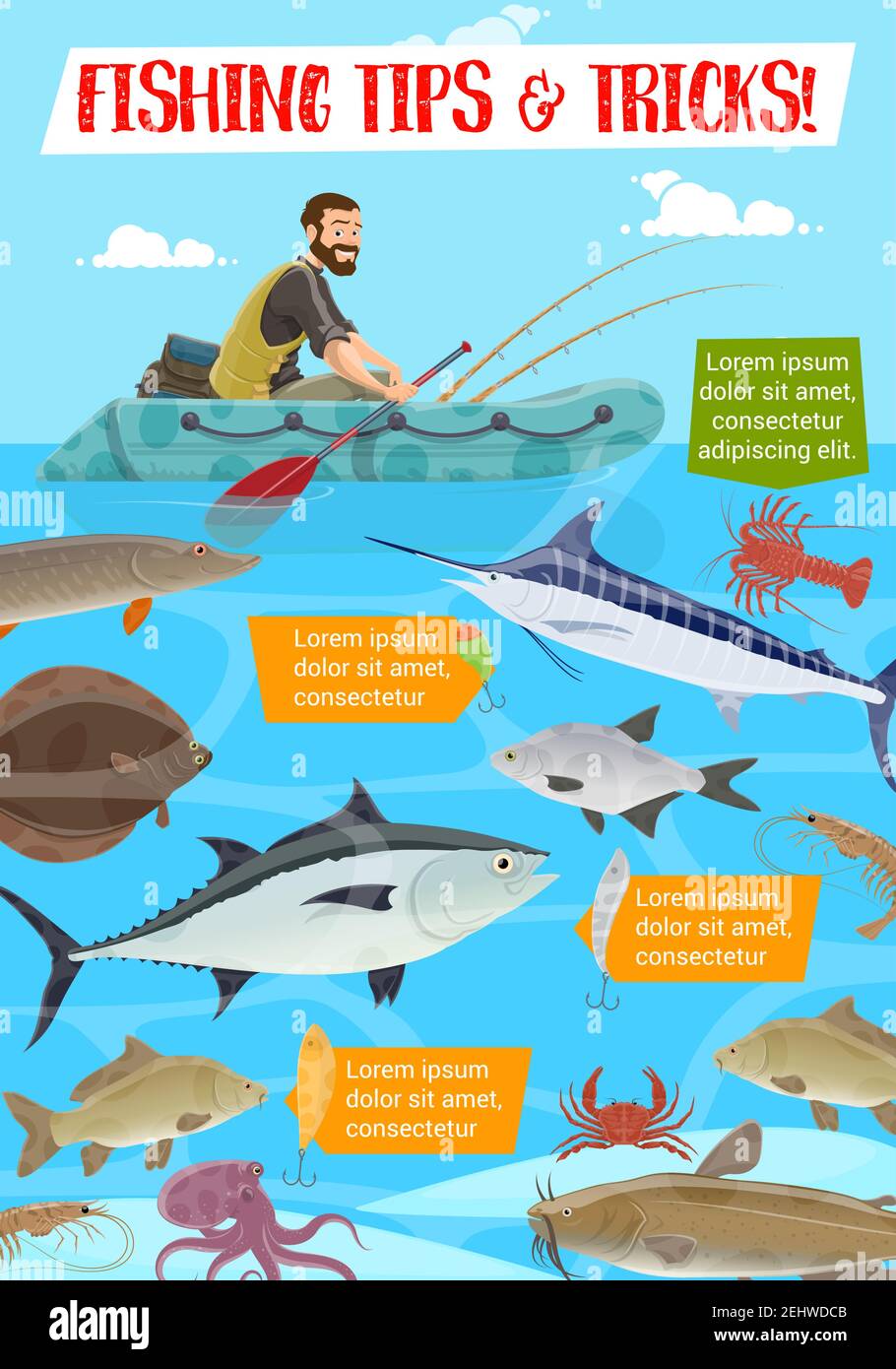 Fisherman in inflatable boat, fishing sport tips and tricks. Vector tuna and catfish, salmon and perch, trout and herring, flounder and crab, prawn an Stock Vector