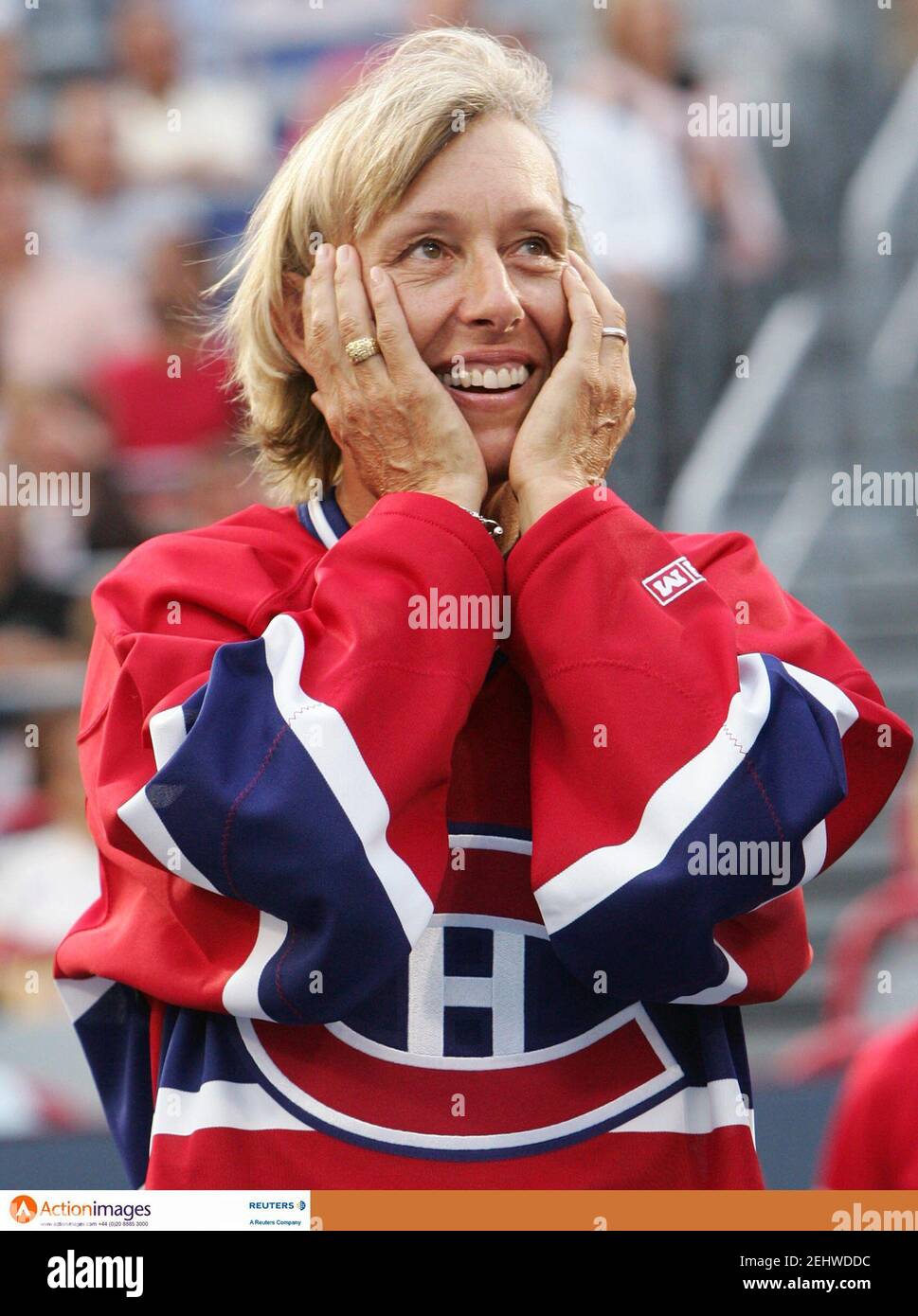 Tennis - Rogers Cup, Sony Ericsson WTA Tour - Montreal, Canada - 15/8/06  Tennis player Martina Navratilova, wearing a Montreal Canadiens hockey jersey, reacts as she is honoured during a ceremony at the Rogers Cup, Sony Ericsson WTA Tour in Montrea  Mandatory Credit: Action Images / Chris Wattie  Livepic Stock Photo