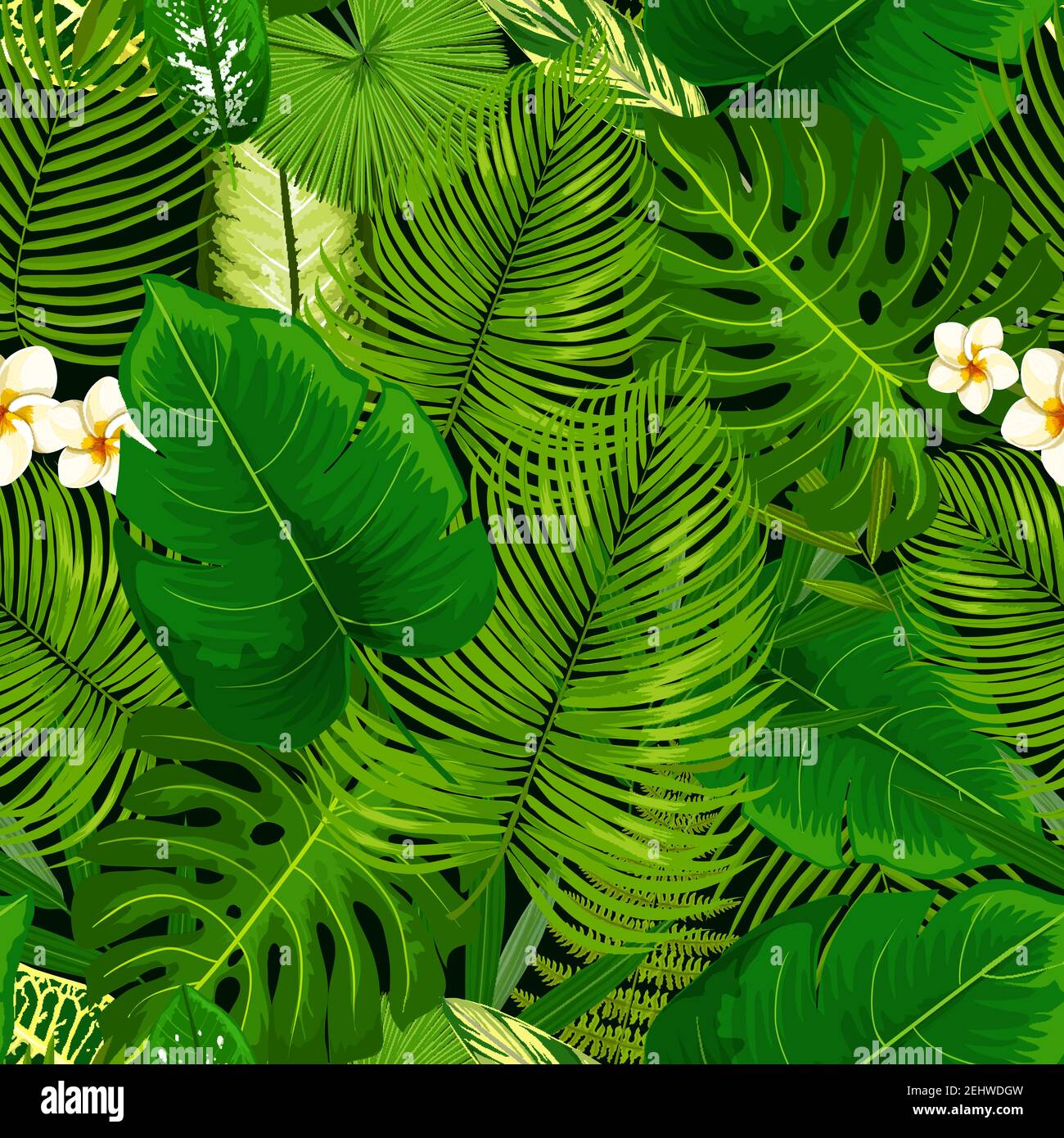 Tropical leaf and flowers seamless pattern. Vector background of green exotic plumeria blossom, banana palm, areca or monstera leaves and fern plant, Stock Vector
