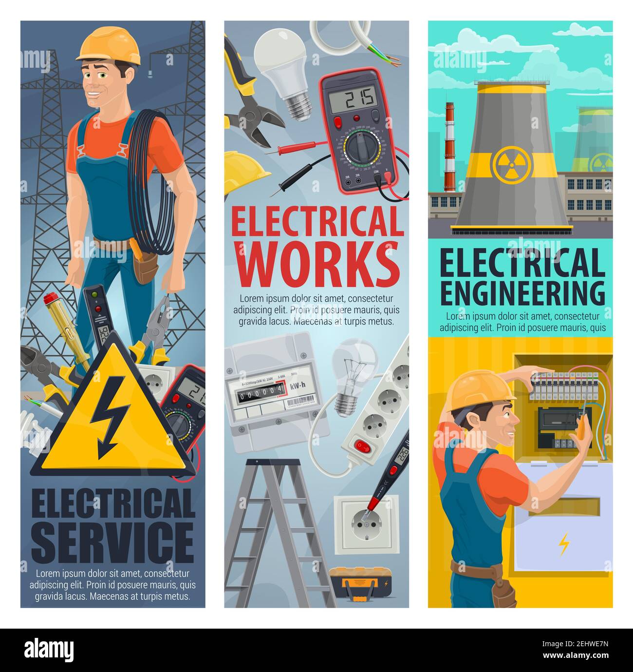Electrical service works banners of electrician engineer with electric repair equipment, Vector man with ammeter, voltmeter or voltage tester screwdri Stock Vector
