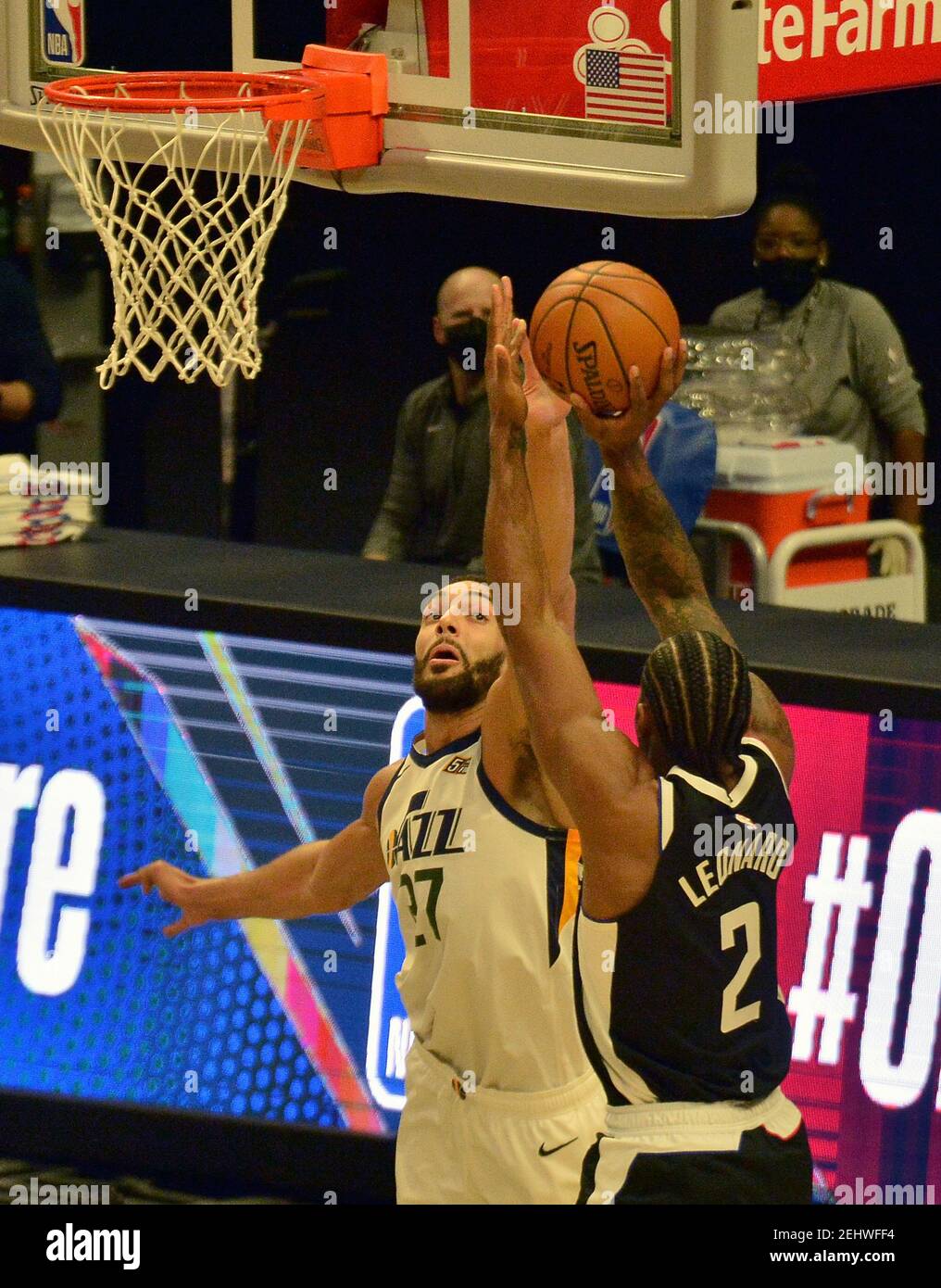 Los Angeles Clippers' forward Kawhi Leonard shoots over Utah Jazz center Rudy Gobert during the first half at Staples Center in Los Angeles on Friday, February 19, 2021. The Clippers defeated the Jazz 116-112.  Photo by Jim Ruymen/UPI Stock Photo