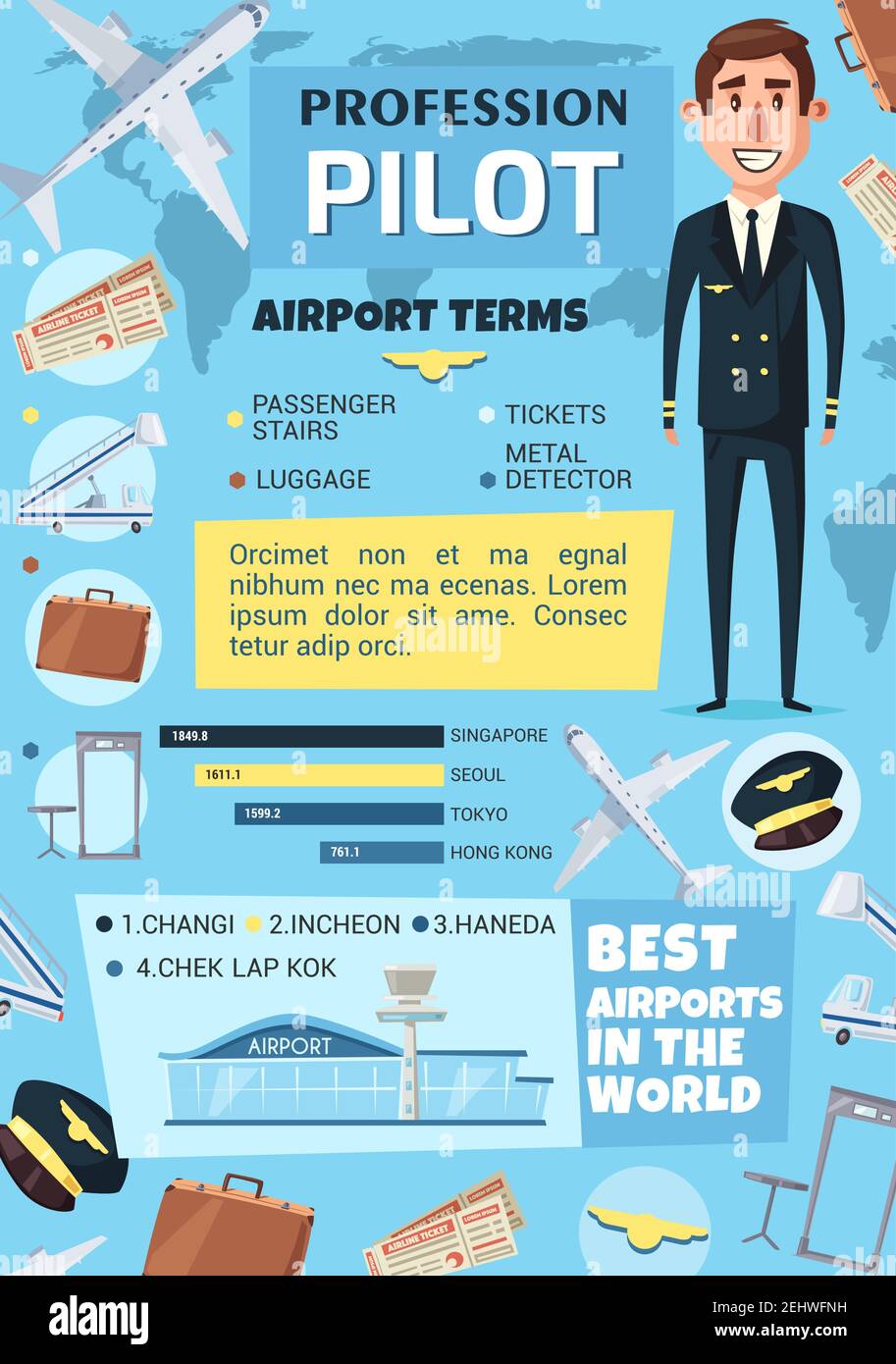 Pilot profession with airport infographics. Graph of world best airports and chart of air travel terms with airplane, crew captain, tickets, passport Stock Vector