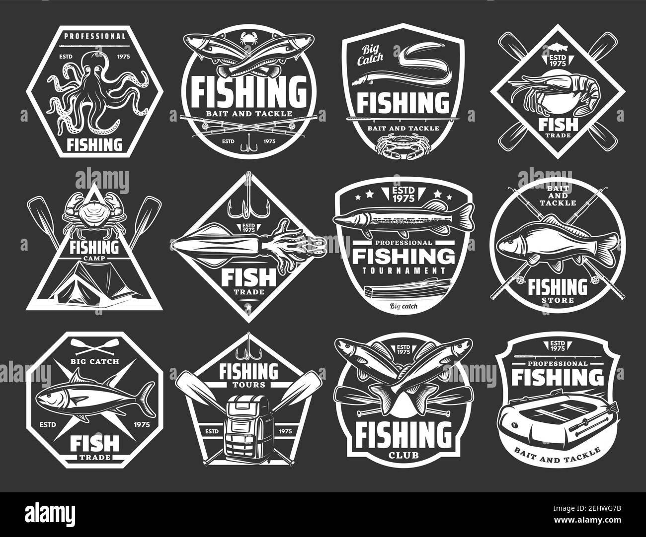 Tackle store for fishing sport monochrome icons. Fishers club badges with  fish and equipment. Octopus and salmon, eel and crayfish, crab and squid,  pi Stock Vector Image & Art - Alamy