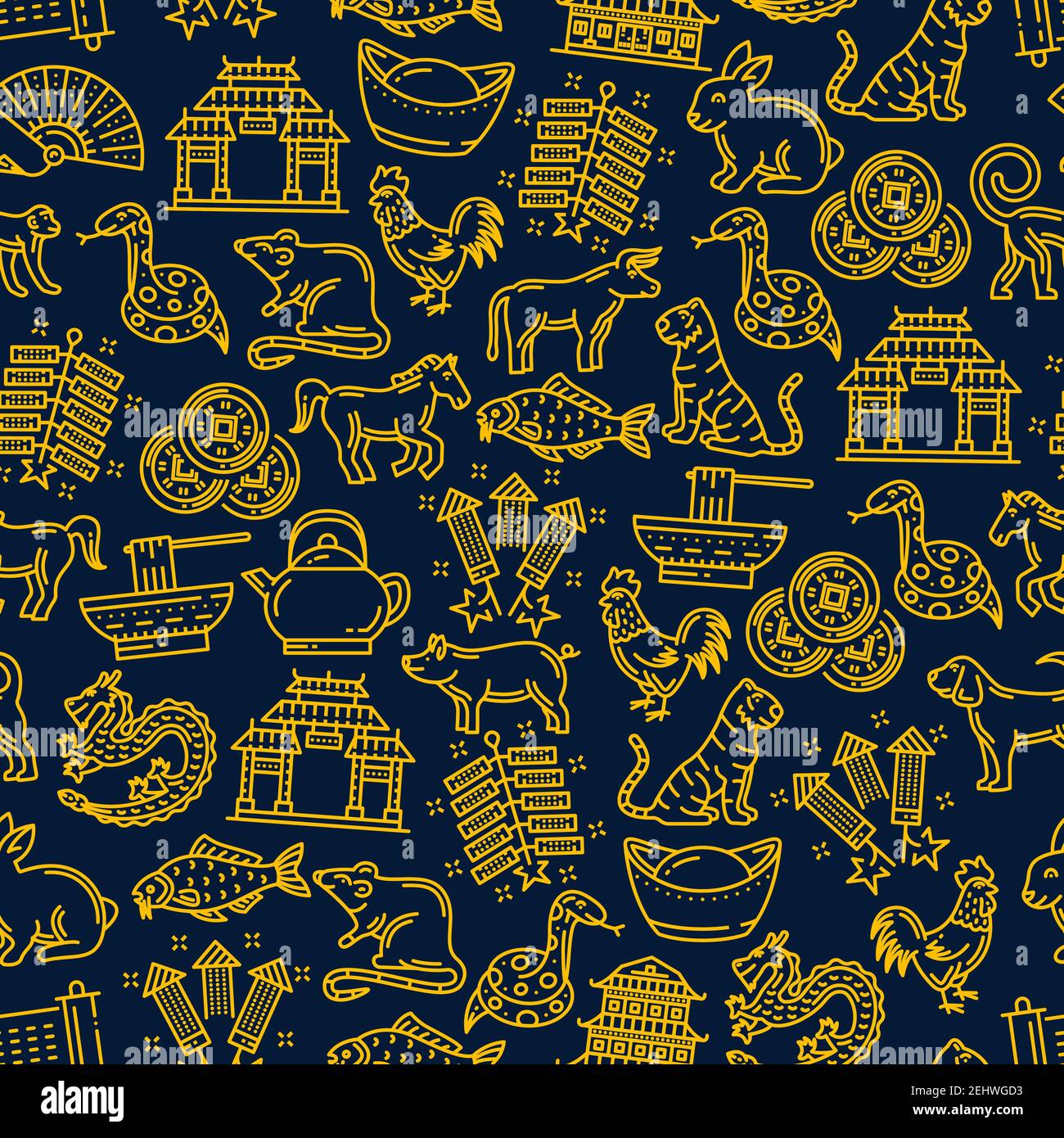 Chinese seamless pattern background with zodiac animals and holiday symbols. Dragon, pig and dog, temple and noodles, spring festival firecracker, luc Stock Vector