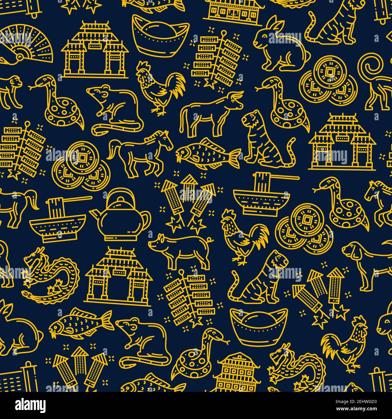 Chinese Seamless Pattern Background With Zodiac Animals And Holiday Symbols. Dragon, Pig And Dog, Temple And Noodles, Spring Festival Firecracker, Luc Stock Vector Image & Art - Alamy