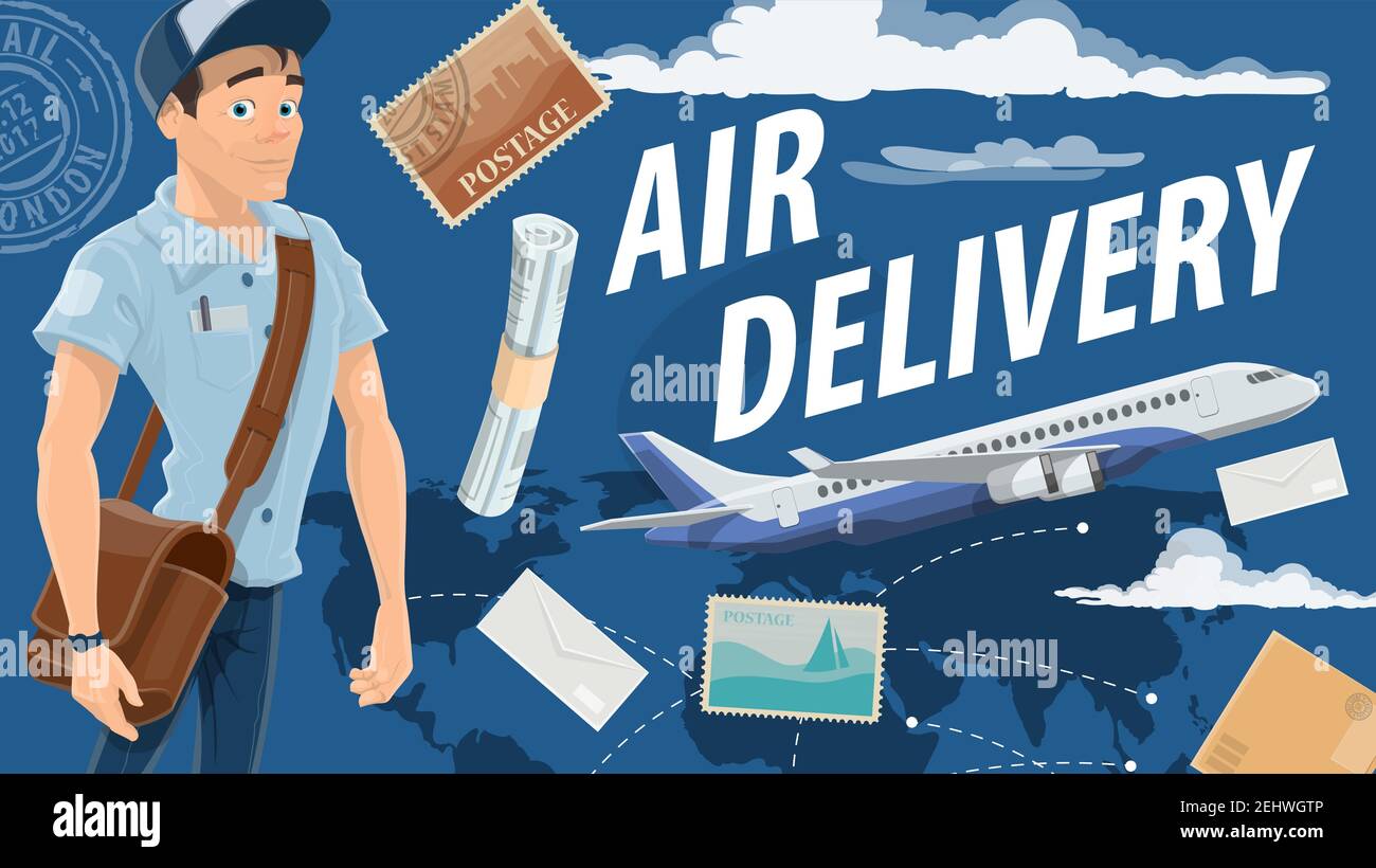 Air mail delivery and mailman, cartoon vector. Vector airplane cargo or freight shipping parcel boxes, newspapers, magazines and letter envelopes with Stock Vector