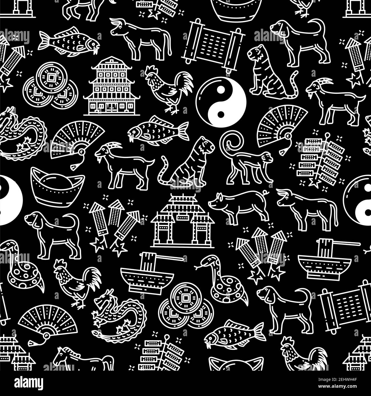 Chinese zodiac signs and celebration pattern background. Vector seamless design of traditional Chinese Lunar New Year festival decorations of dragon, Stock Vector