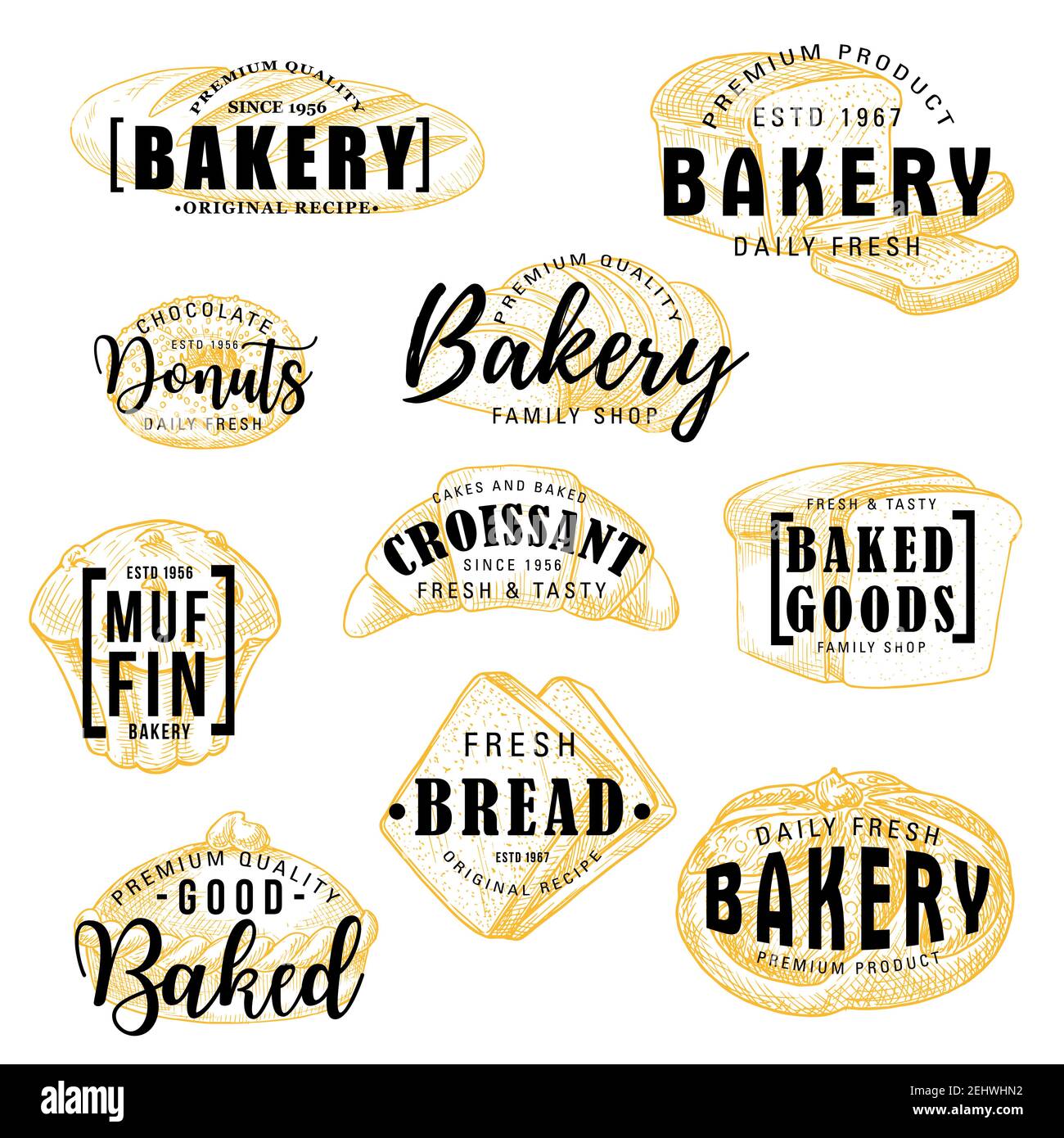Bakery shop sketch lettering, bread and patisserie pastry desserts menu. Vector calligraphy of wheat loaf, donut or muffin and croissant with buns, ba Stock Vector