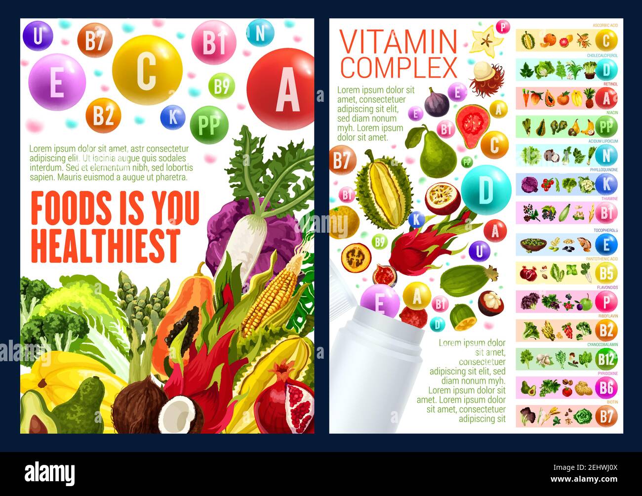 Vitamin E, C and D complex, vector. Additives to food based on fruits and vegetables. Organic veggies and cereal, nut, berry and herb, for dietetics m Stock Vector