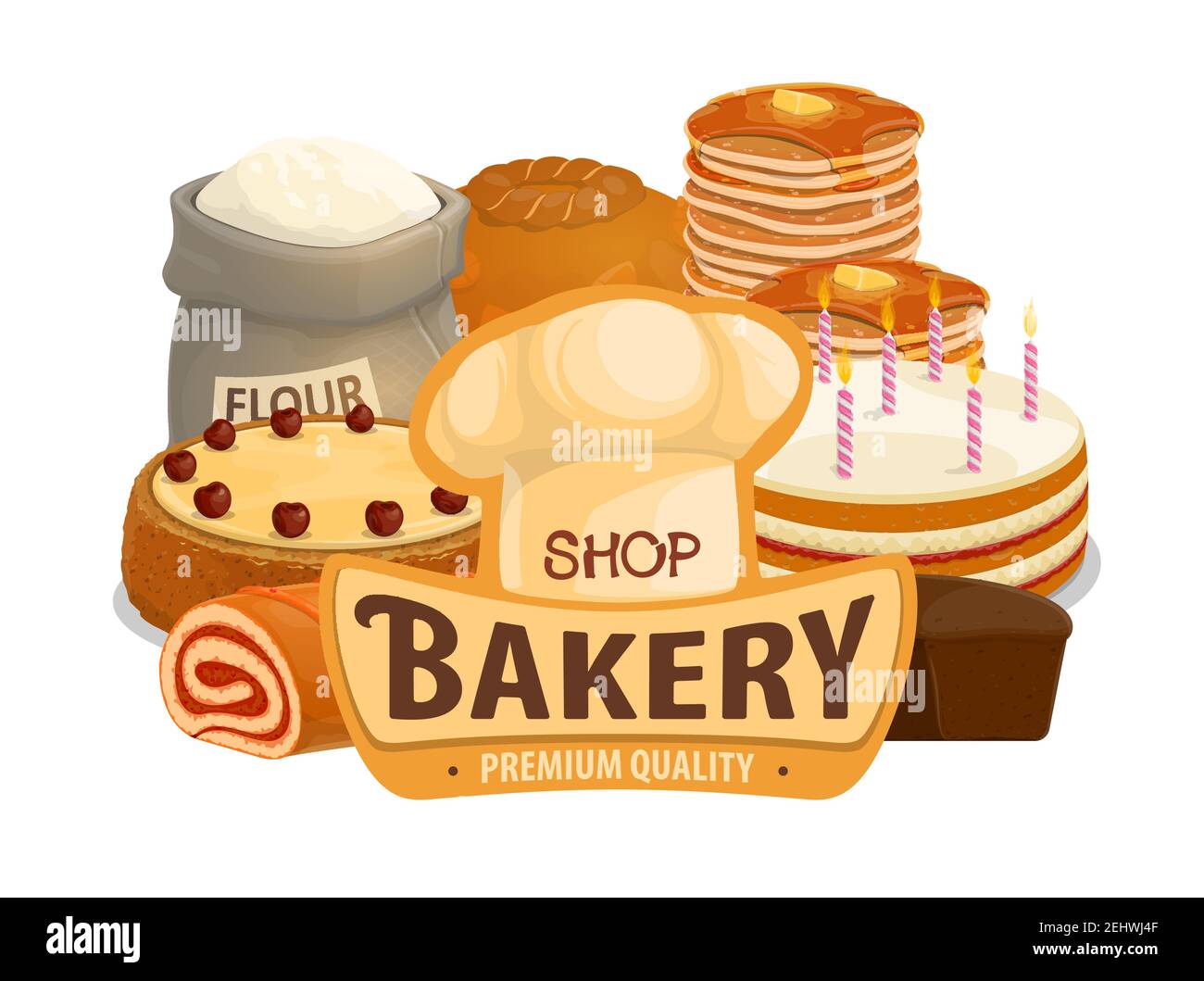 Bakery shop bread, patisserie pastry and desserts. Vector baker hat with wheat flour bag, donut or muffin and croissant with buns, pancakes or bagel a Stock Vector