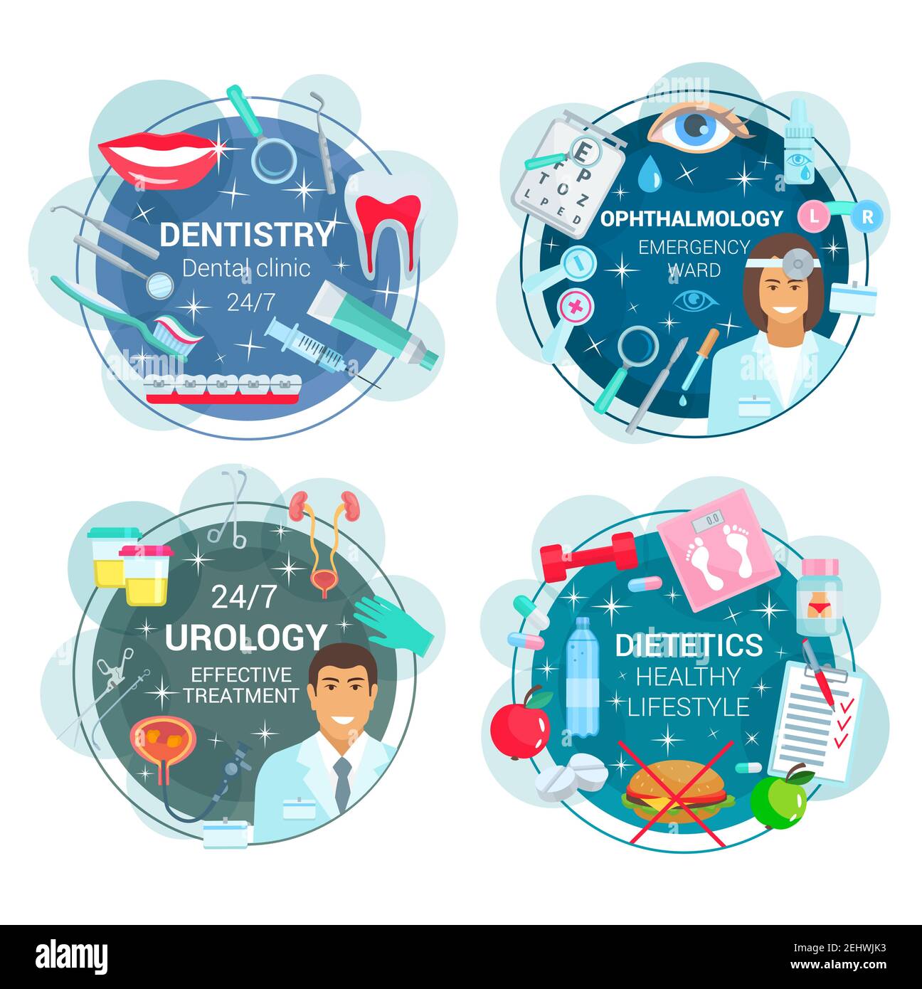 Dentistry and ophthalmology, urology and dietetics medicine. Vector