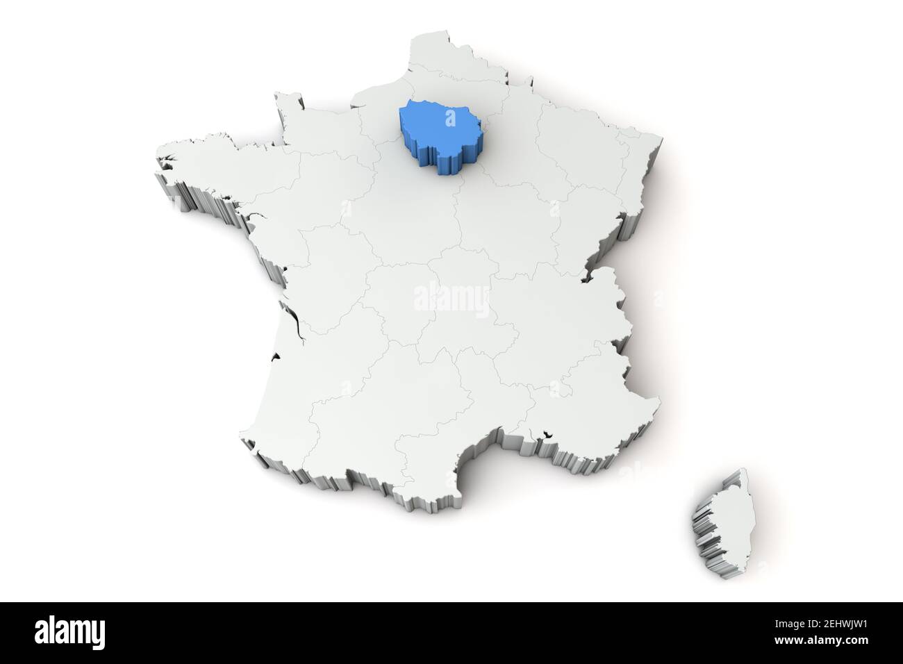 Map of France showing Ile de France region. 3D Rendering Stock Photo