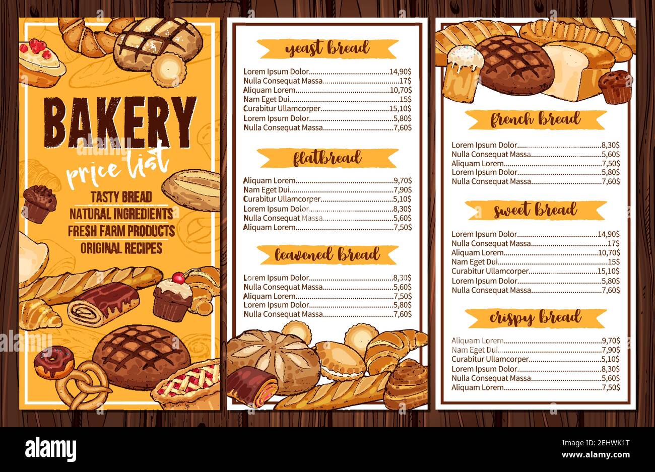 Bread baked food, bakery or pastry shop vector menu. Wheat and rye flour bread, toast and bun, croissant, baguette and bagel, cake, pretzel, pie and c Stock Vector