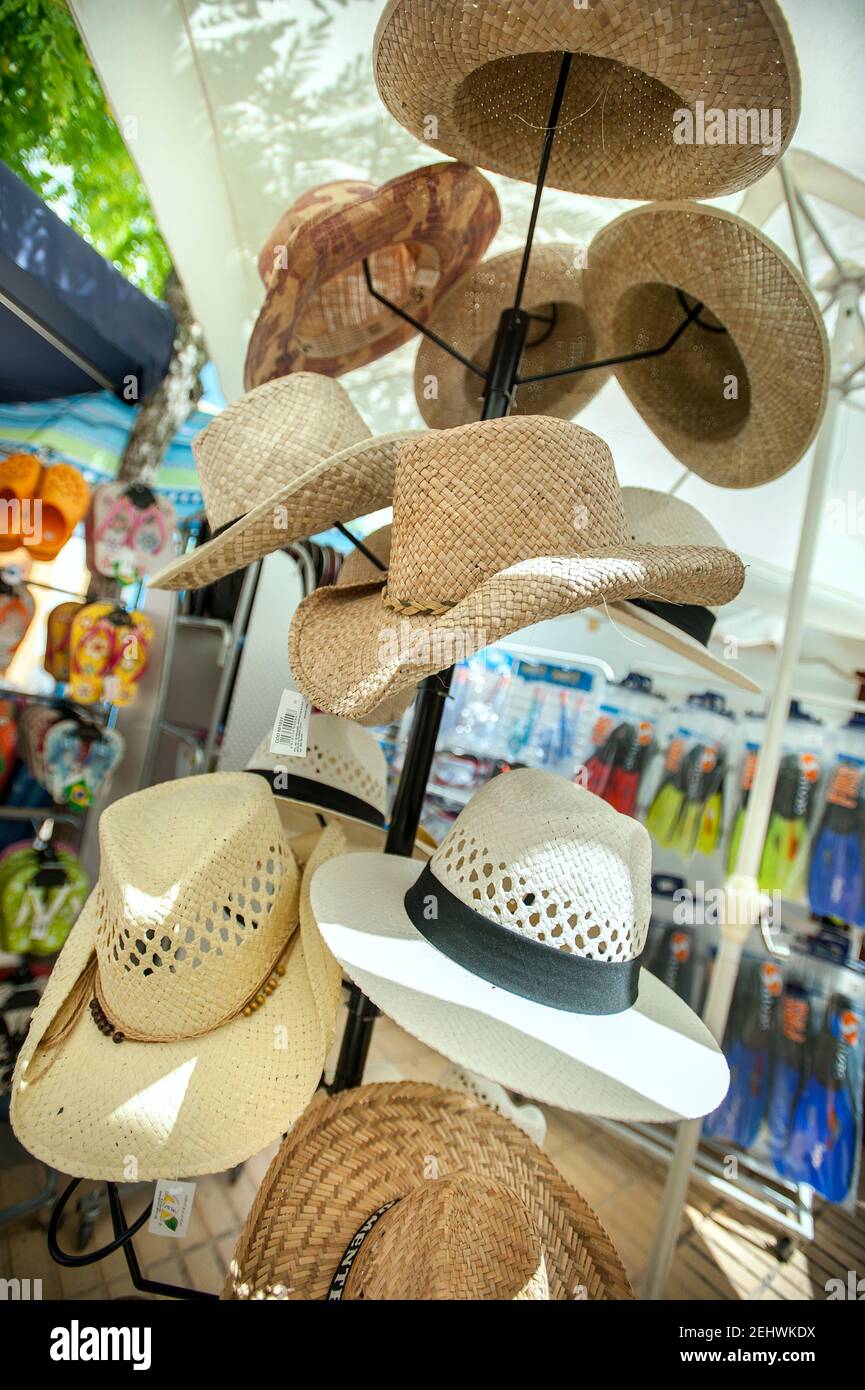 Hats on sale, Sant Francesc, Formentera, Balearics, Spain Stock Photo