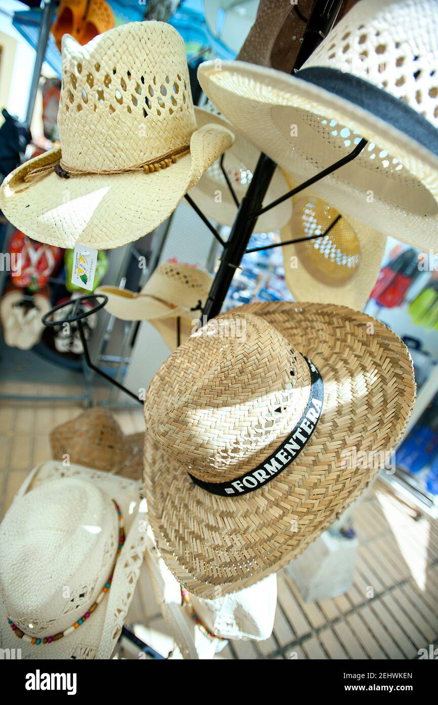 Hats on sale, Sant Francesc, Formentera, Balearics, Spain Stock Photo