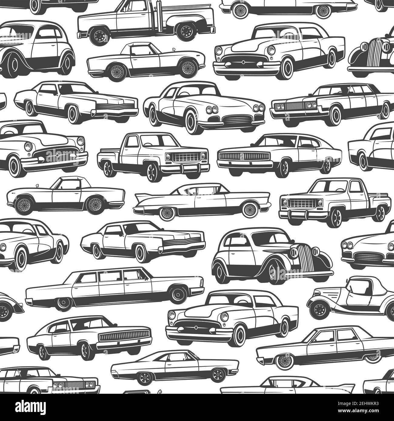 Old car or vintage retro automobile pattern background. Vector seamless design of auto transport limousine or hatchback and pickup truck vehicle or an Stock Vector