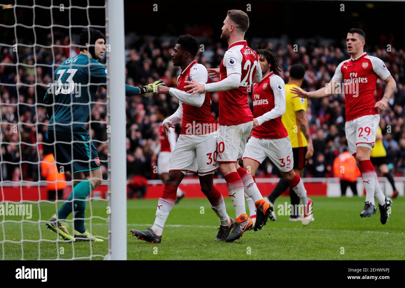 Soccer Football - Premier League - Arsenal vs Watford - Emirates Stadium, London, Britain - March 11, 2018   Arsenal's Petr Cech celebrates after saving a penalty    REUTERS/Eddie Keogh    EDITORIAL USE ONLY. No use with unauthorized audio, video, data, fixture lists, club/league logos or "live" services. Online in-match use limited to 75 images, no video emulation. No use in betting, games or single club/league/player publications.  Please contact your account representative for further details. Stock Photo