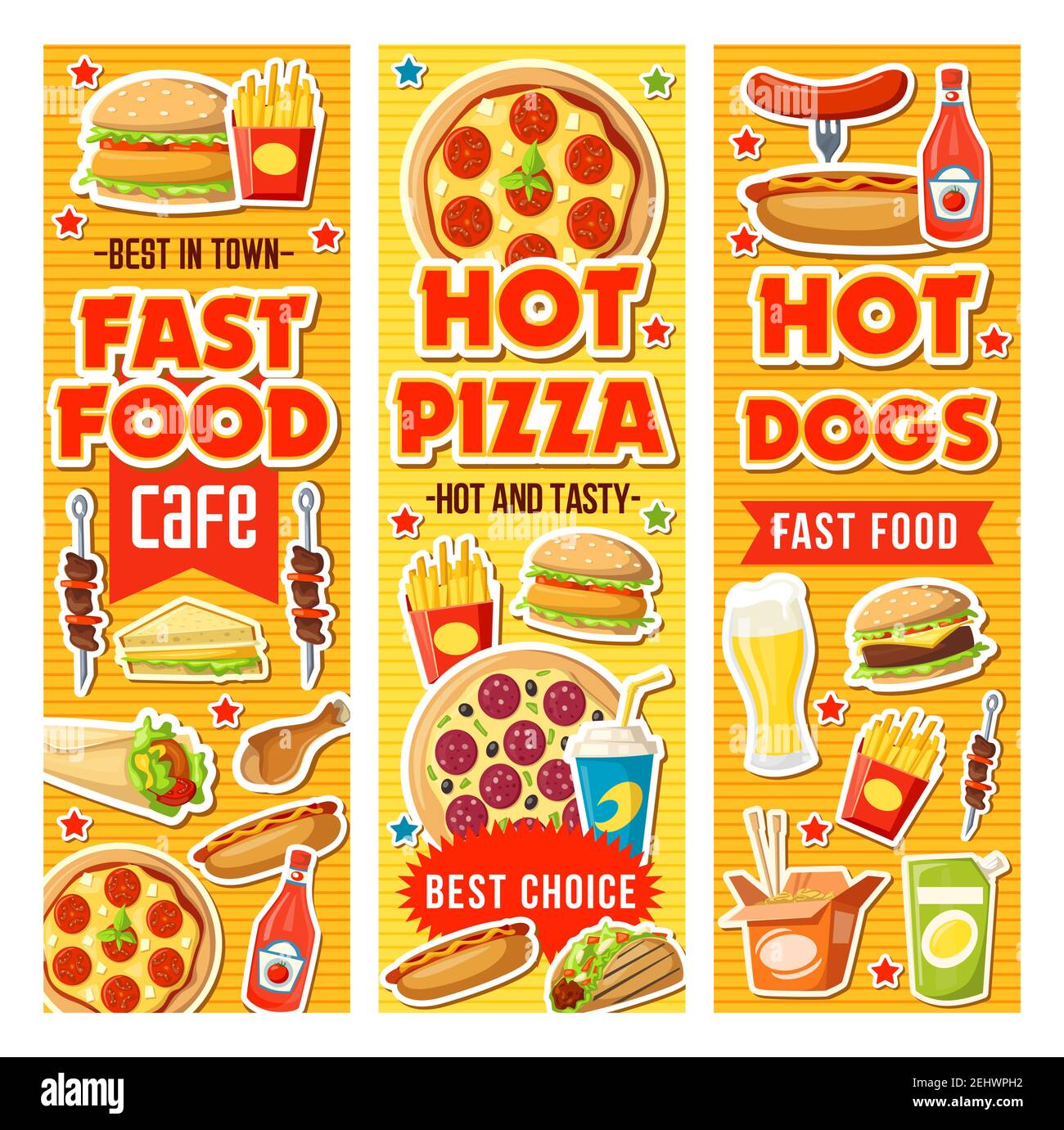 Fast food pizza and burger restaurant menu of snack meal and drink