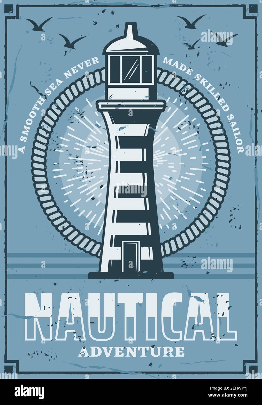 Nautical lighthouse tower building vintage poster, marine adventure. Vector retro design or safe sail beacon on seaside with light beams and seagulls Stock Vector