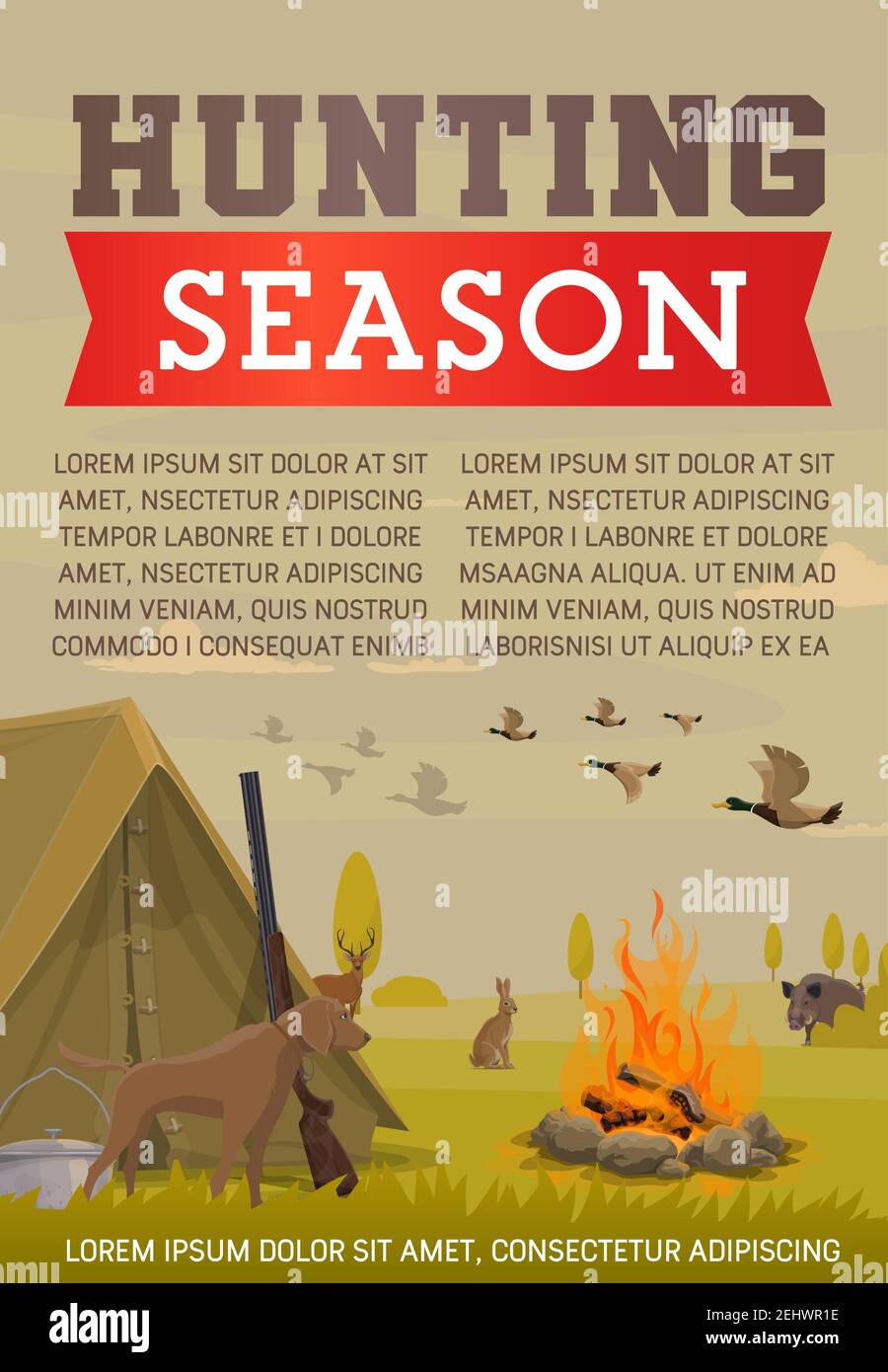Duck and deer hunting season, hunter camp, gun, dog and shotgun, wild