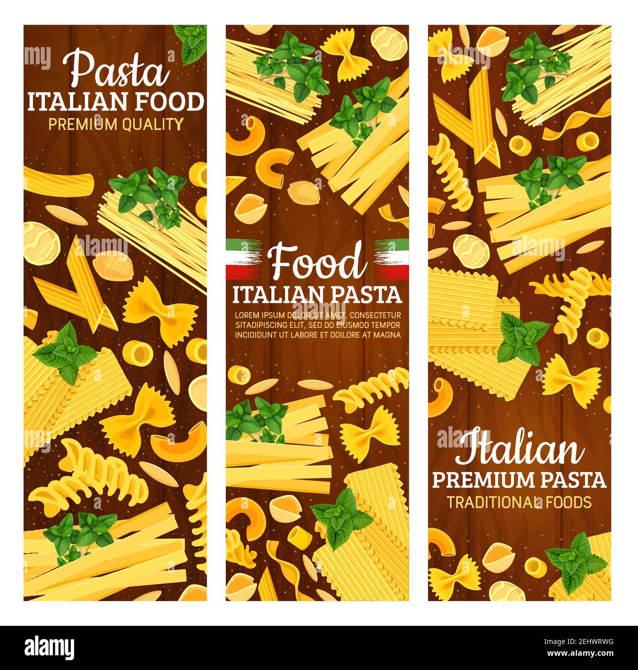 Italian food banners with pasta from Italy and national flag. Macaroni and spaghetti, fusilli and farfalle, maccheroni rigati and gnocchetti sardi. Ch Stock Vector