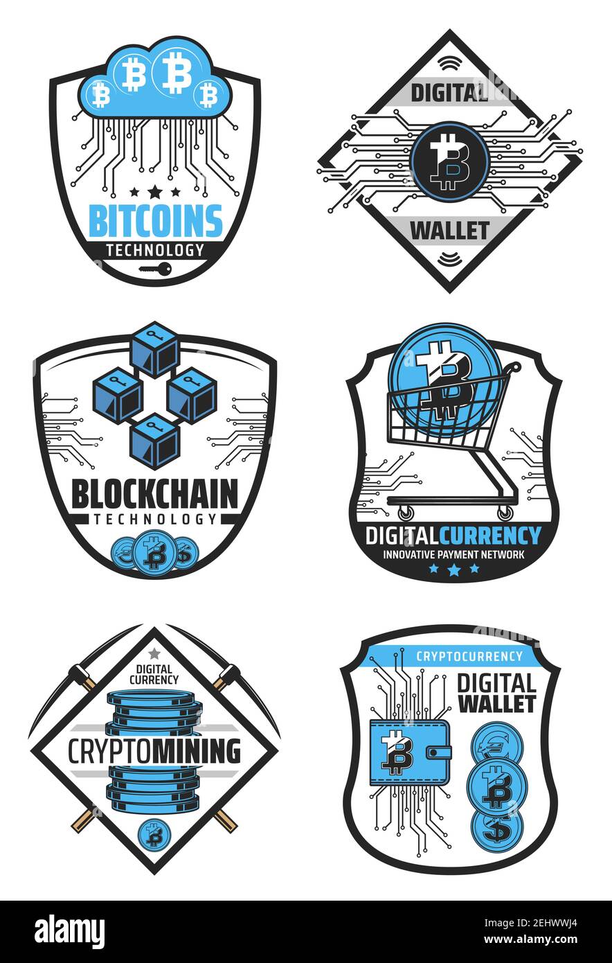 Digital currency and blockchain technology icons for financial operations with cryptocurrency. Optical fiber and online cloud, bitcoin in cart and wal Stock Vector