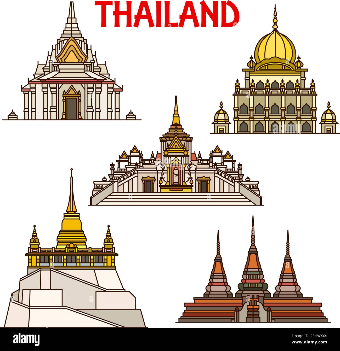 Thai travel landmarks of Bangkok buildings vector icons. Lak mueang or City Pillar Shrine, Sikh Temple, Buddhist temples Wat Pho with Reclining Buddha Stock Vector